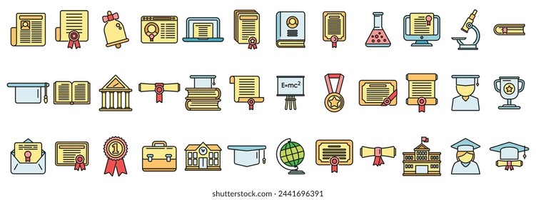 Degree icons set outline vector. Academic bachelor. Celebration ceremony thin line color flat isolated