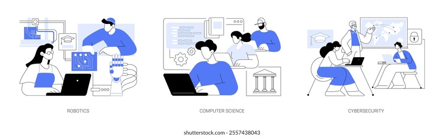 Degree in Information technologies isolated cartoon vector illustrations set. Students work at robotics lab, diploma in computer science, learn cybersecurity, higher education vector cartoon.