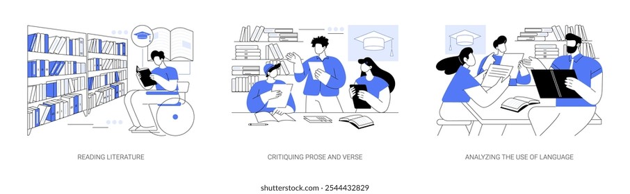 Licenciatura em Linguagem e Literatura ilustrações isoladas do vetor de desenhos animados. Lendo livro, criticando prosa e verso, estudantes diversos discutindo em sala de aula, analisar gramática vetor cartoon.