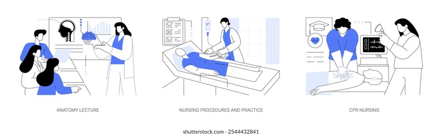 Degree in Nursing isolated cartoon vector illustrations set. Students attend anatomy lecture, nursing procedures in hospital, learn CPR on a mannequin, healthcare studies vector cartoon.