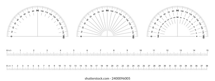 Grado de protractor y escalas de regla para medir el ángulo, el tamaño, la longitud y la altura. Herramientas de matemáticas de cinta de calibre redondo semicírculo y cm o pulgadas.