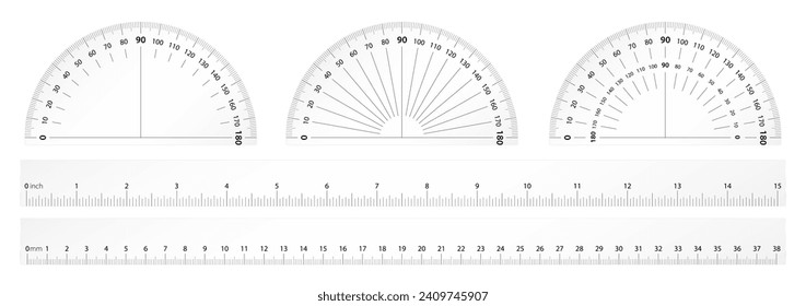 Degree protractor and ruler scales for measuring angle, size, length and height. Semicircle round gauge and cm or inch meter tape math tools.