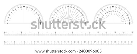 Degree protractor and ruler scales for measuring angle, size, length and height. Semicircle round gauge and cm or inch meter tape math tools.
