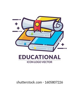 Degree scroll on pile of books vector illustration, diploma and three colorful outline book