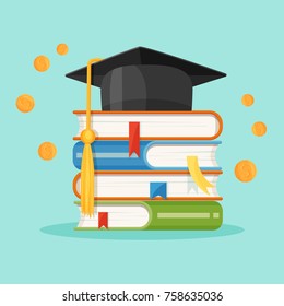 Degree square cap on piles of textbooks vector illustration