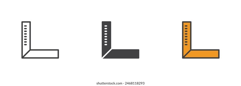 Degree square ruler different style icon set. Line, glyph and filled outline colorful version, outline and filled vector sign. Setsquare tool symbol, logo illustration. Vector graphics