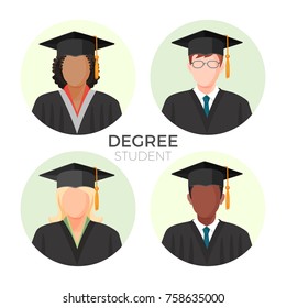 Degree student faceless avatars, males and female in mortarboard caps