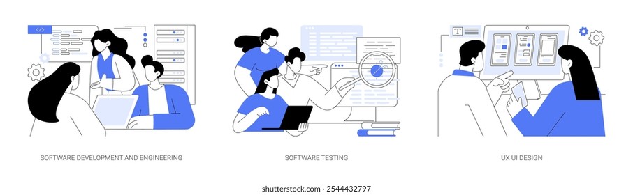 Grau em desenvolvimento na Web isolado desenhos animados vetor ilustrações conjunto. Engenharia de software, computação de estudo, teste de usabilidade de aprendizado, educação de design de UX UI, teste de desenho animado de vetor de interface de aplicativo móvel.