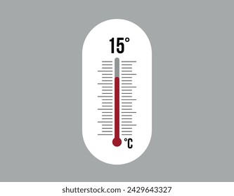 15 Grad Celsius. Thermometervektor zur Messung von Klimatemperatur, Wettervorhersage und Wärmekonzept