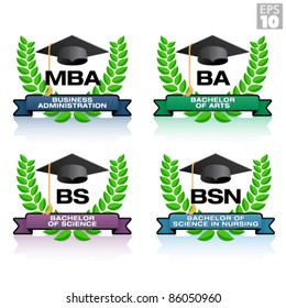 Degrees in education with wreath and graduation hat, including MBA, BA, BS, BSN