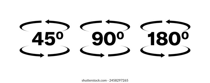 Degrees of rotation icons. 45, 90, 180 degree button rotation. Silhouette Style. Vector icons