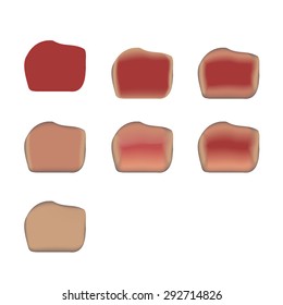 Degrees of Steak Doneness. Raw, Blue rare, rare, medium rare, medium, medium well, well done . vector icon isolated on white background