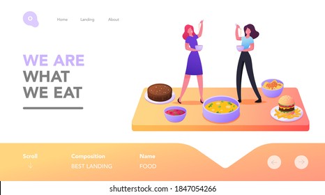 Degustation Landing Page Template. Tiny Female Characters Tasting Dishes Stand on Table with Huge Plates and Bowls with Tasty Meals, Bakery, Fast Food, Mukbang. Cartoon People Vector Illustration