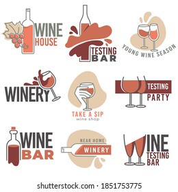 Degustation of wine in bar or house, isolated labels or emblems. Logotypes with glasses of alcoholic beverage, ripe grapes and inscriptions. Production of refreshing drinks. Vector in flat style