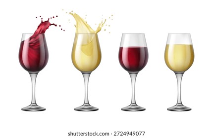 Degustation und Weinprobe. Vektor im realistischen Stil, einzelne Brille mit verschiedenen handwerklichen alkoholischen Getränken. Flüssigkeitsspritzer in der Tasse. Einzigartige Mischung und Geschmack von Alkohol trinken