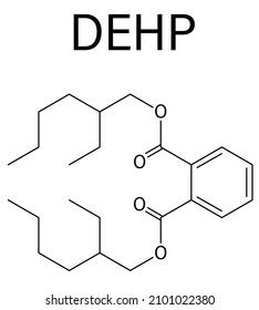 DEHP (Bis(2-ethylhexyl) phthalate, diethylhexyl phthalate, dioctyl phthalate, DOP) plasticizer molecule. Skeletal formula.