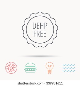 DEHP free icon. Non-toxic plastic sign. Global connect network, ocean wave and burger icons. Lightbulb lamp symbol.