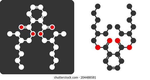 DEHP phthalate plasticizer molecule, flat icon style. Carbon and oxygen atoms shown as circles, hydrogen atoms omitted.	