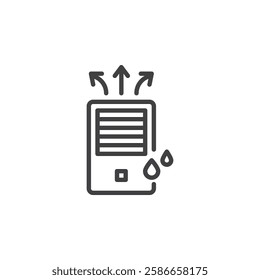 Dehumidifier system line icon. linear style sign for mobile concept and web design. A portable unit with water droplets and airflow outline vector icon. Symbol, logo illustration. Vector graphics