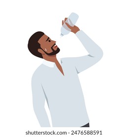 Dehydrated bearded man in lack of drinking water. Flat vector illustration isolated on white background