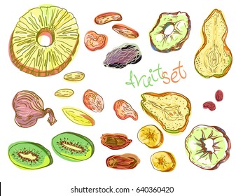 Dehydrated fruit set in engraved style with lettering. Fully editable color vector illustrations. 