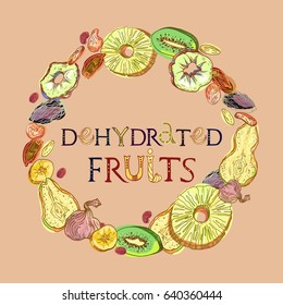 Dehydrated fruits wreath pattern. Fully editable vector illustration with lettering.