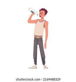 Dehydrated Man In Lack Of Drinking Water, Flat Vector Illustration Isolated On White Background. Bottle With Last Drop Of Water. Concepts Of Water Scarcity And Waste, Nature Cataclysm And Drought.