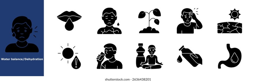 Dehydration black set icon. Crying, lips, chest pain, wilted plant, headache, cracked ground, sun exposure, warning, drinking, yoga, stomach fluid.