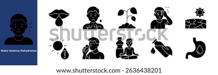 Dehydration black set icon. Crying, lips, chest pain, wilted plant, headache, cracked ground, sun exposure, warning, drinking, yoga, stomach fluid.