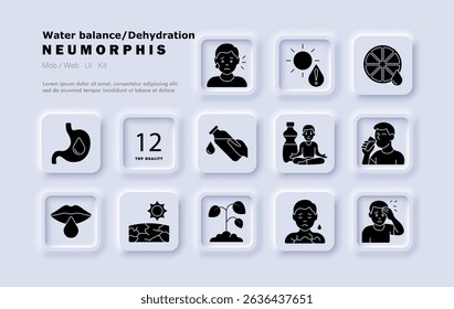 Dehydration black set icon. Headache, tiredness, sweat, bottle, cracked soil, wilted plant, lips, yoga pose, citrus, sun exposure, dry body, stomach.
