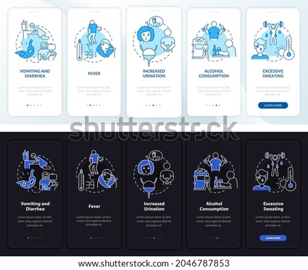 Dehydration causes light, dark onboarding mobile app page screen. Walkthrough 5 steps graphic instructions with concepts. UI, UX, GUI vector template with linear night and day mode illustrations