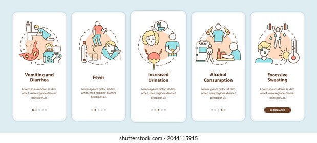 Dehydration causes onboarding mobile app page screen. Loss of water factors walkthrough 5 steps graphic instructions with concepts. UI, UX, GUI vector template with linear color illustrations