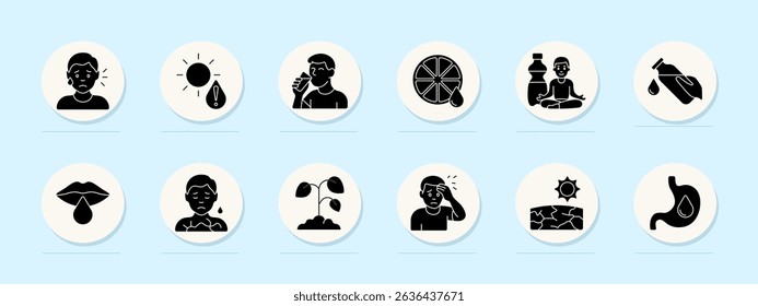 Dehydration circle icon. Tear, sun, drink, citrus, yoga, bottle, pour, lips, dry skin, wilted plant, headache, stomach.