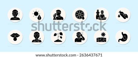 Dehydration circle icon. Tear, sun, drink, citrus, yoga, bottle, pour, lips, dry skin, wilted plant, headache, stomach.