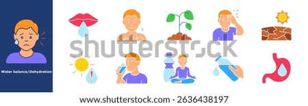 Dehydration color set icon. Dry lips, chest tension, wilted plant, headache, cracked ground, sun, fluid alert, water intake, meditation, digestion.