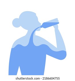 Concepto de deshidratación. Ilustración vectorial de asistencia sanitaria plana. Silueta corporal hembra humana con bebida a nivel de agua del frasco aislada sobre fondo blanco. Elemento de diseño para la atención de la salud durante el verano