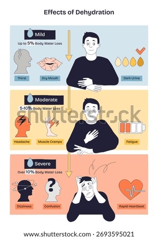 Dehydration effects summarized in a brief diagram with mild, moderate, severe stages, shows a man figure, urine color chart, and symptom icons. Doodle style diagram