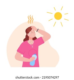 Dehydration From Heat. Dehydrated Woman On Summer Sunlight With Heatstroke, Cartoon Sweaty Person Outdoor Hot Temperature Sun Weather, Symptom Water Exhaustion Vector Illustration Of Woman