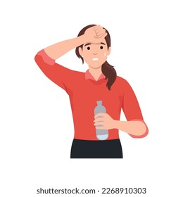 Dehydration from heat. Dehydrated woman on summer sunlight with heatstroke, cartoon sweaty person outdoor hot temperature sun weather, symptom water exhaustion vector illustration