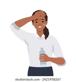 Dehydration from heat. Dehydrated woman on summer sunlight with heatstroke, cartoon sweaty person outdoor hot temperature sun weather, symptom water exhaustion vector illustration