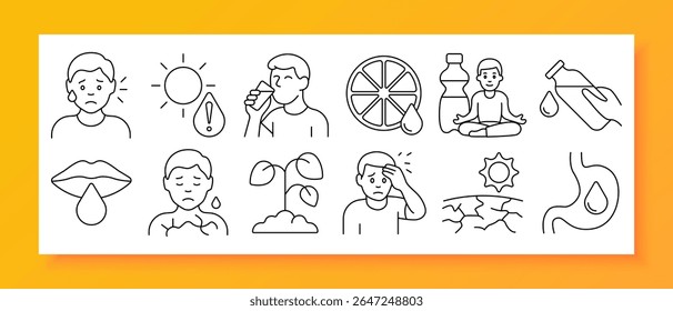 Ícone do conjunto de desidratação e exaustão pelo calor. Mostra rostos suando, sol, hidratação cítrica, garrafas de água, meditação, lábios secos, plantas fracas, tontura, terra rachada, desidratação do estômago interno