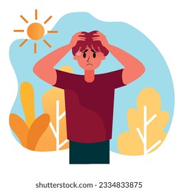 dehydration and heat, Young man at outdoor with hot temperature. Concept of exhausted, sunburn, summer day. vector illustration.