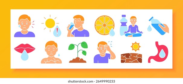 Ícone do conjunto de desidratação e hidratação. Lábios secos, plantas, sudorese, garrafas de água, beber, sol quente, cítricos, ioga, pele rachada, fadiga e desconforto corporal sob perda de calor ou líquido.
