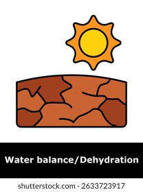 Ícone de desidratação. Terra seca rachada sob o sol, simbolizando extrema secura, exposição ao calor, falta de umidade e risco de desidratação.