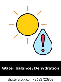 Dehydration icon. Sun with droplet and exclamation mark, indicating danger of heat exposure, fluid loss, and health risk.