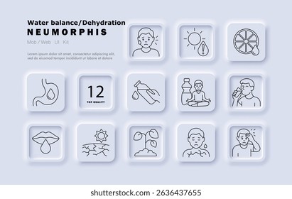 Dehydration line icon. Sweat, thirst, sunburn, cracked skin, citrus, water bottle, lips, wilted plant, dry mouth, yoga, headache, stomach ache.