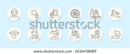 Dehydration set icon. Dry face, sun danger, thirst, drinking water, citrus hydration, meditation, dry lips, skin, wilted plant, dizziness, dry ground, fluid loss.