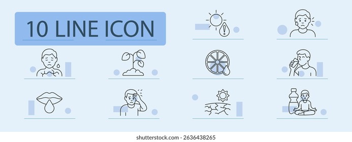 Dehydration set icon. Dry skin, wilted plant, sun, thirst, cracked soil, dry lips, sweating, citrus slice, fatigue, drinking, wellness, body imbalance, hydration issue.