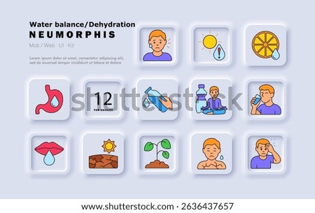 Dehydration set icon. Sun exposure, tear, citrus, drinking, stomach dryness, bottle, yoga, dry lips, cracked earth, wilted plant, sweat, headache.