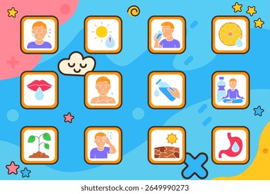 Dehydration set icon. Sweating face, hot sun, drinking person, citrus slice, dry lips, chest discomfort, water bottle, yoga pose, wilted plant, headache, cracked ground, dry stomach